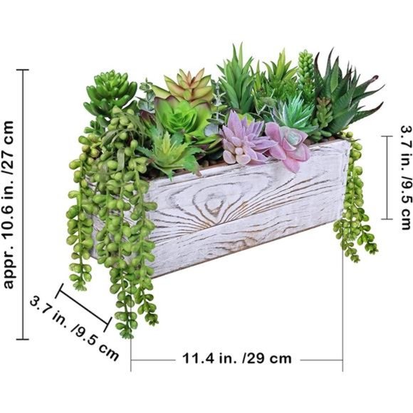 19 Pcs Assorted Artificial Succulents Fake Plants in Rectangular Wooden Pot - Picture 4 of 8